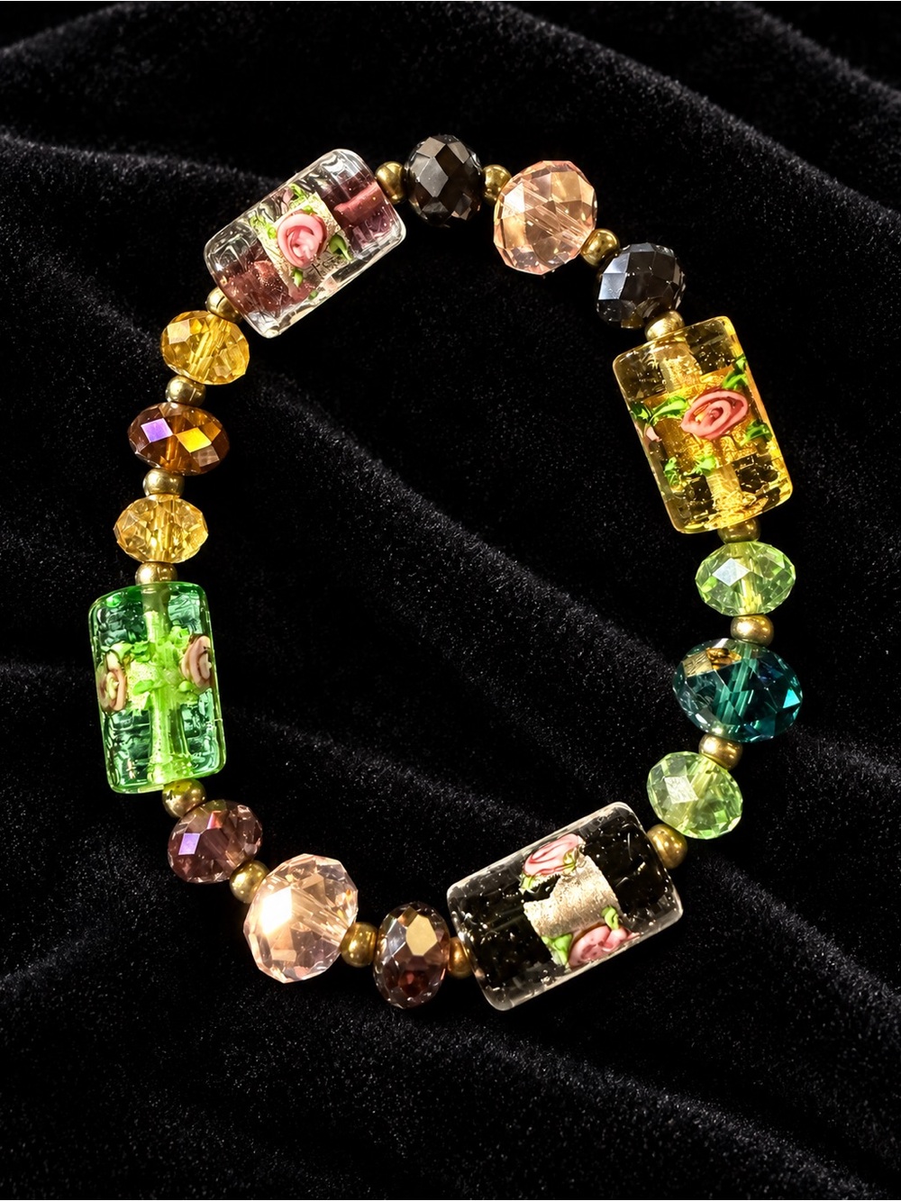 Multicolor Floral Glass Bead Stretch Bracelet - Green, Black Yellow, Pink Accent